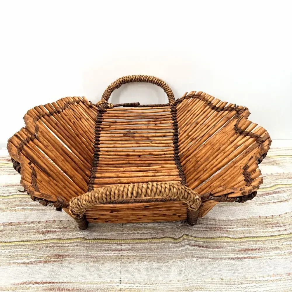 Vintage Bamboo Wood Woven Bread Fruit Basket Table Centerpiece Handles 14.5